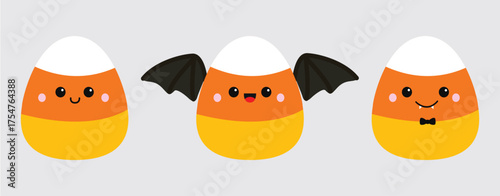 Candy corn set with funny faces. Bat wings. Happy Halloween. Cute cartoon kawaii baby character. Striped triangle sweet food. Greeting card. Flat design. Isolated. White background Vector illustration