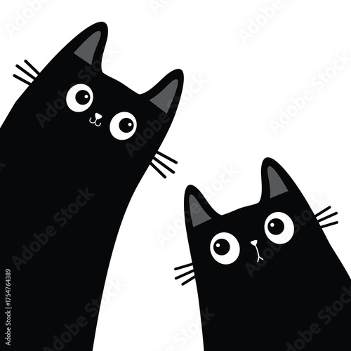 Cute black cat set peeking out from around the corner. Kitten face head. Big eyes. Kawaii baby pet animal. Cartoon character. Sticker, greeting card print. Flat design. White background Vector