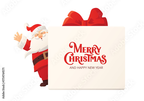 Santa Claus peeking from behind a big Christmas gift box with red ribbon. Merry Christmas lettering. Festive cartoon vector with copy space. For holiday sales, social media, and advertising banners.