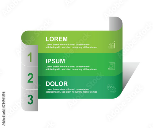 Vector infographic template paper style. 3 step columns with icons suitable for business information, banner presentation, workflow layout and web graphic design.
