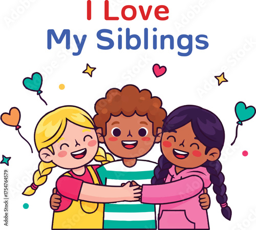 Multicultural Children Hugging. Siblings Love Cartoon vector Illustration. Happy siblings hugging, celebrating brother-sister bond.