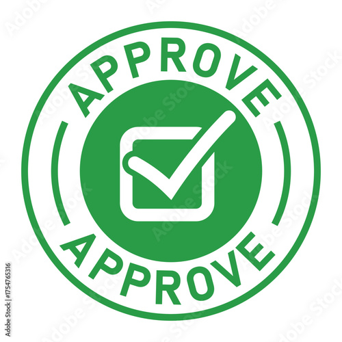 Green circular approval stamp graphic with bold “APPROVE” text and central checkmark icon. Ideal for confirmation, validation, business forms, and digital authorization designs.