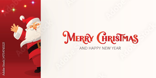 Cheerful Santa Claus peeking from banner and waving. Merry Christmas text. Festive cartoon on a red background. For greeting cards, social media posts, holiday sales, and advertising banners. Vector.