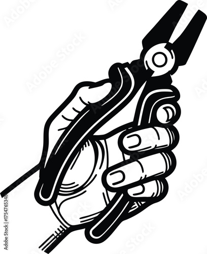 Electric plier tool on hand silhouette vector illustration isolated on a white background