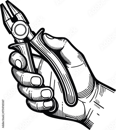 Electric plier tool on hand silhouette vector illustration isolated on a white background