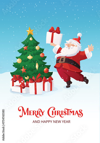 Santa Claus with Christmas gift near Christmas tree. Merry Christmas lettering. Festive cartoon vertical greeting card template for printable holiday posters, social media, winter marketing designs.