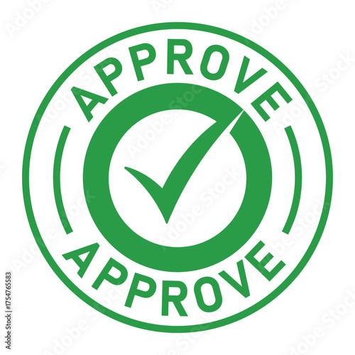 Green circular approval stamp graphic with bold “APPROVE” text and central checkmark icon. Ideal for confirmation, validation, business forms, and digital authorization designs.