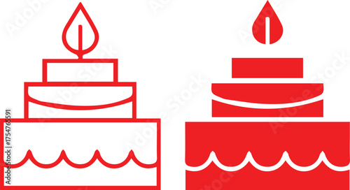 Birthday cake,icon tiered cake, red outline, stylized, minimalist, simple, vector illustration.