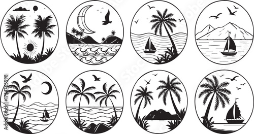 Vector Illustration Set of Tropical Beach Scenery in Circular Frames