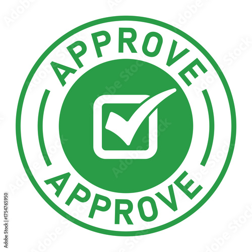 Green circular approval stamp graphic with bold “APPROVE” text and central checkmark icon. Ideal for confirmation, validation, business forms, and digital authorization designs.