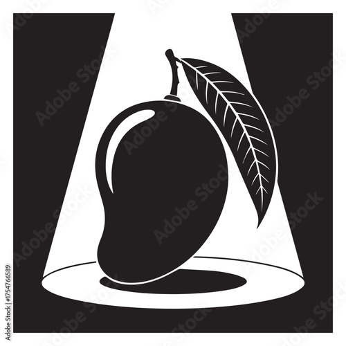 Black and white mango fruit illustration with leaf and spotlight