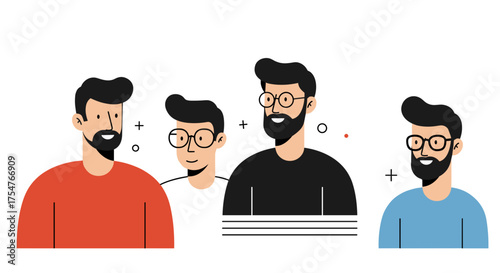 Four men wearing glasses and different clothes demonstrate different emotions and styles
