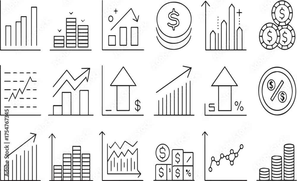 Obraz premium Collection of Financial and Economic Growth Charts and Diagrams in Line Art