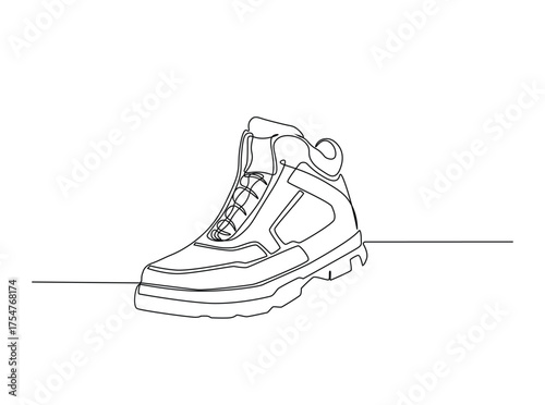 Hiking boots  in single outline illustration. Continuous line art drawing of working boot. Editable stroke.