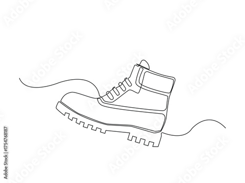 Hiking boots  in single outline illustration. Continuous line art drawing of working boot. Editable stroke.