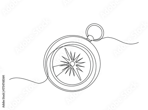 Magnetic compass equipment in single outline illustration. Continuous line art drawing of. Land, sea, navigation, adventure, geography compass.