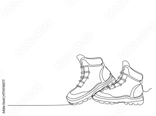Hiking boots  in single outline illustration. Continuous line art drawing of working boot. Editable stroke.