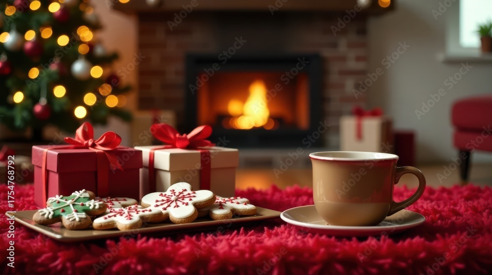 Fototapeta premium Cozy Christmas Eve fireside scene featuring gifts, gingerbread cookies, and a warm beverage