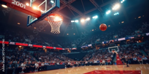 A basketball game's dramatic moment captured the ball soaring toward the hoop, a packed arena buzzing with anticipation, the focus sharply on the imminent score.