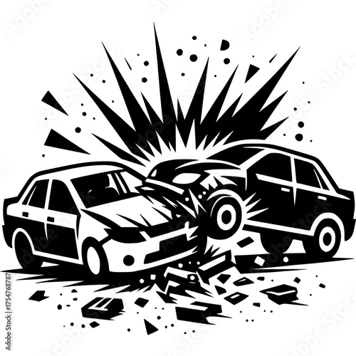Collision Chaos: A dramatic black and white depiction of a car crash, illustrating the destructive power of accidents. The image shows the intense moment of impact with debris scattering.