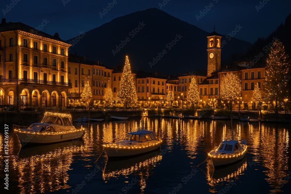Fototapeta premium A luxury lakeside town reflecting shimmering Christmas lights on calm water, with boats wrapped in twinkling garlands. 