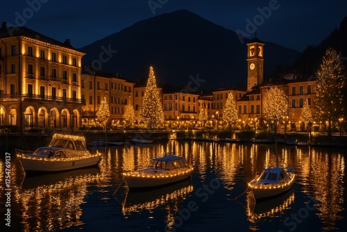 A luxury lakeside town reflecting shimmering Christmas lights on calm water, with boats wrapped in twinkling garlands. 
