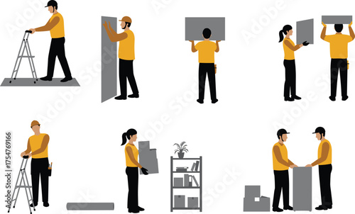 Furniture assembly illustration, teamwork scene, installation steps, home setup, DIY project, interior task, organized workspace, practical action