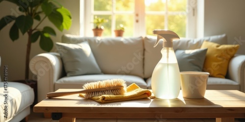 Sunlight Illuminates a Cozy Living Room Cleaning Scene with a Natural Bristle Brush, Spray Bottle, and Small Container