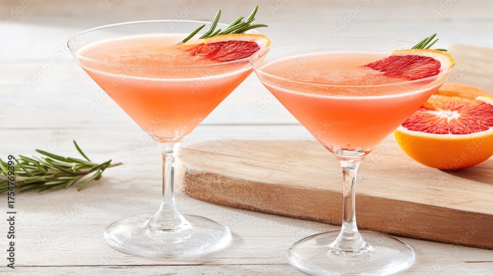 Fototapeta premium Zesty Cocktail Duo: Two elegant cocktail glasses, adorned with grapefruit and rosemary, hold a vibrant, refreshing citrus concoction, perfectly positioned on a wooden serving board.