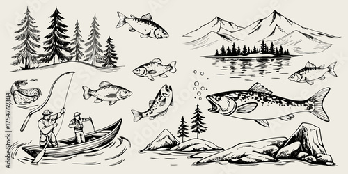 Hand drawn sketch of fishing in a lake with mountains and pine trees various fish species and a boat