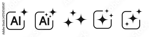 AI generate icon set. AI sparkle star with square symbol. Artificial intelligence technology and machine learning concept