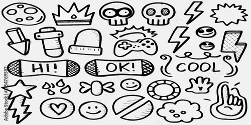 A collection of hand drawn doodle icons including skulls lightning bolts game controllers and positive messages