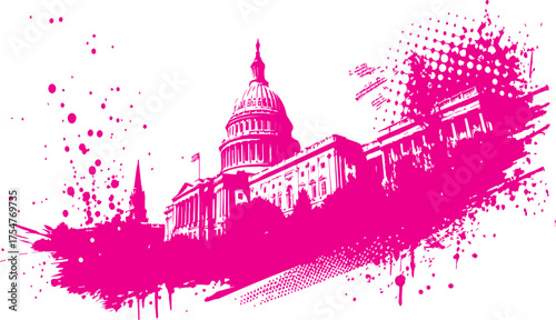 Washington DC grunge style pink illustration of United States Capitol Building