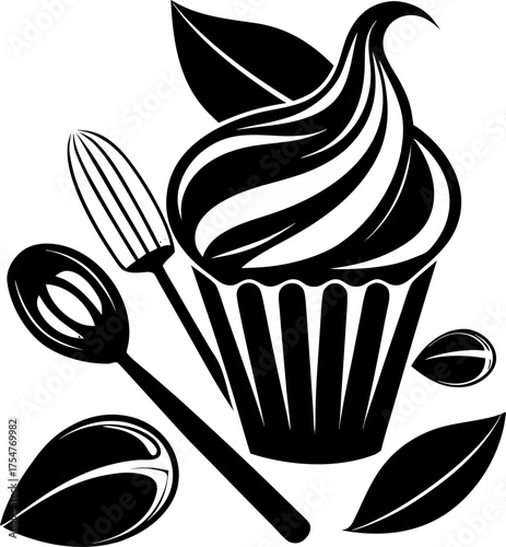 Abstract cupcake silhouette with cocoa beans and whisk.  silhouette  vector black , white background  