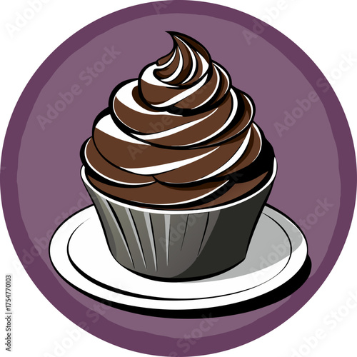  Realistic chocolate swirl cupcake on white plate vector. silhouette  vector black , white background 