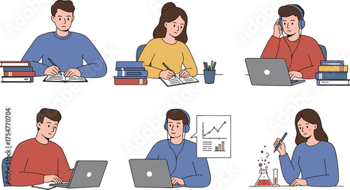 Student desk illustration, academic activity, study session, science experiment, laptop use, writing task, learning moment, classroom vibe