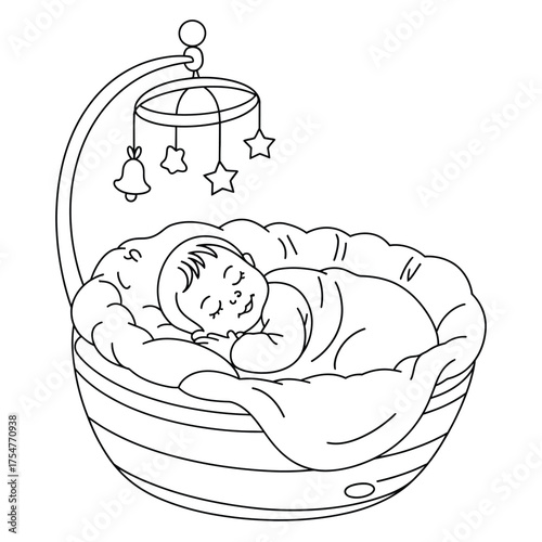 Scalable vector line art illustration of a newborn baby sleeping peacefully in a crib with a mobile silhouette vector illustration white background