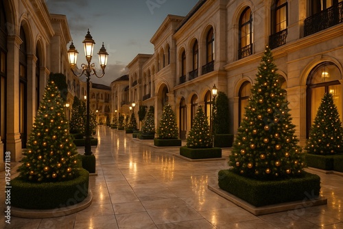 A luxurious townscape featuring marble walkways, trimmed evergreen trees with ornaments, and ambient golden light.