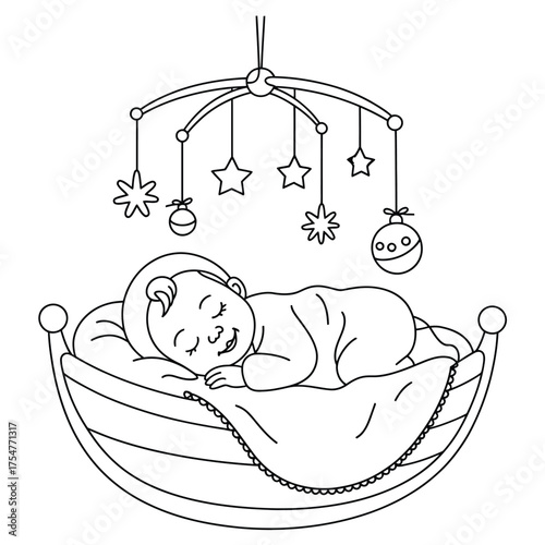 Scalable vector illustration of a sleeping baby in a cradle with a mobile newborn art eps silhouette vector illustration white background