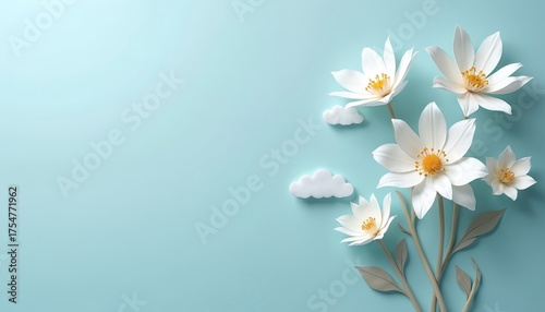 White flowers and clouds on pastel blue backdrop. Floral design element. Flower arrangement with green leaves on cyan color scene. Delicate composition, peace and tranquility feeling in soft light.
