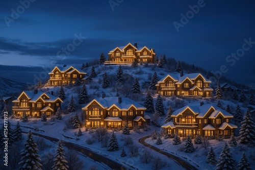 A hilltop luxury town covered in snow, each mansion outlined in soft white Christmas lights under a twilight sky. 