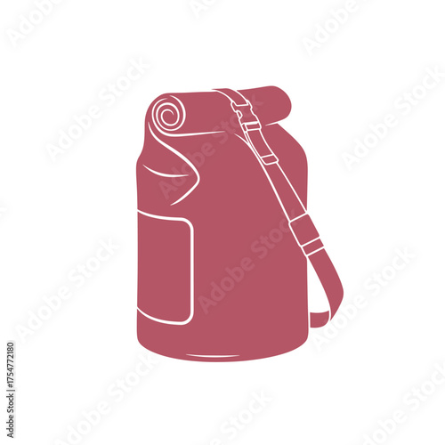 Red duffel bag with rolled sleeping mat and strap vector