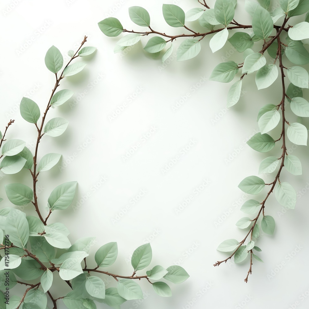 Naklejka premium Green leaves on thin branches create natural frame against white background. Design perfect for spring summer themes evoking growth, freshness. Simple aesthetic offers ample copy space for text.