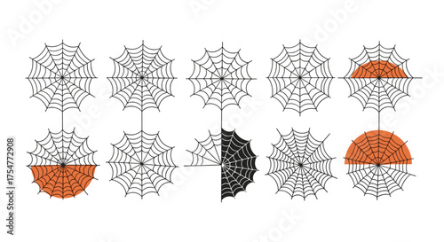 Collection of illustrated spider web patterns with decorative elements and abstract artistic interpretations.