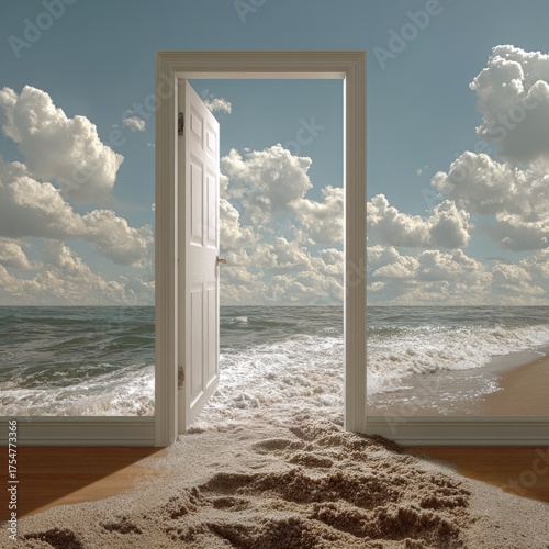 An open doorway reveals a serene beach with ocean waves and a sky