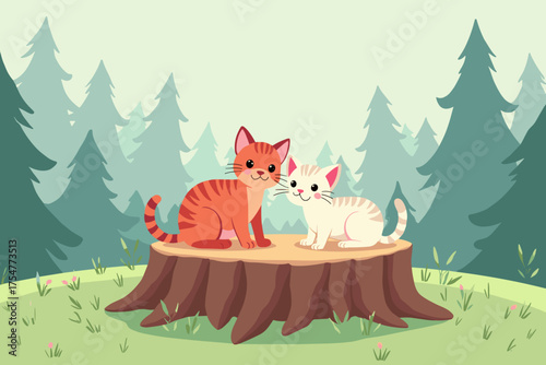 Two cute cats sitting happily on tree stump in serene forest background