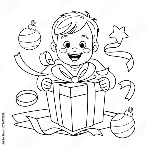 Joyful child unboxing a surprise christmas gift vector illustration scalable eps icon art silhouette vector illustration white background