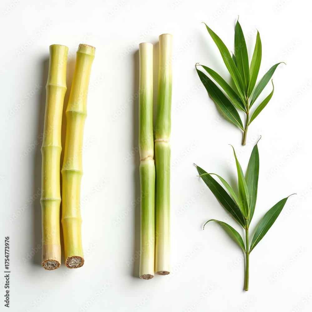 Obraz premium Sugarcane stalks and green leaves isolated on a white background. Fresh sugarcane stems arranged with vibrant green leaves. Healthy food concept for recipes and food blogs.