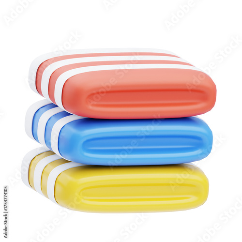 Stack of Three Folded Towels Red White Blue Yellow on Transparent Background for Laundry or Spa Services