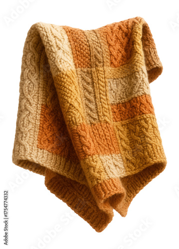 A hand-knit wool blanket with detailed patterns, ideal for cozying up a country bedroom.